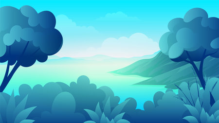 Beautiful view of sea and mountain from the top of the forest cartoon illustrationのイラスト素材