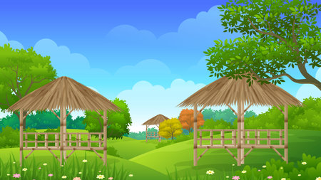 Bamboo Gazebo on the hill with Beautiful yard, grass and trees cartoon illustrationのイラスト素材
