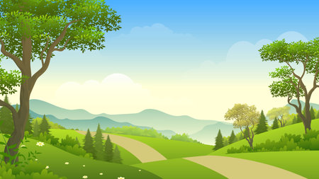 Beautiful green fields with footpath at daytime vector illustrationのイラスト素材