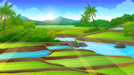 Rice field Terraces with a river flowing in the middle, and beautiful mountain backgroundのイラスト素材