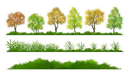 Different trees, bush and grass cartoon elements vector illustrationのイラスト素材
