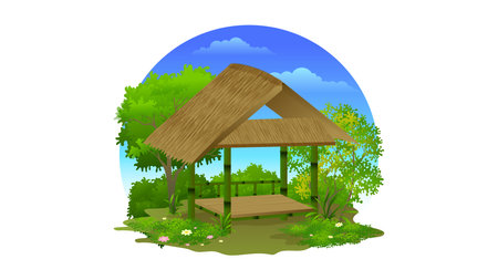 Bamboo hut with Trees, bush and grass vector illustrationのイラスト素材