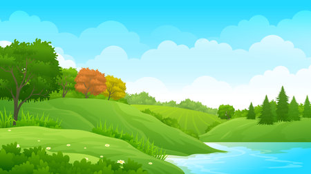 Peaceful lake between scenic green meadow cartoon landscapeのイラスト素材