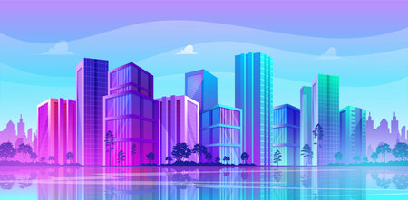 Modern city panorama with Reflections in water, bright colorful downtown buildings, office, apartment or school vector illustrationsのイラスト素材