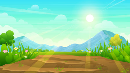 Barren land on top of a hill surrounded by green grass, trees and mountain under the blue skyのイラスト素材