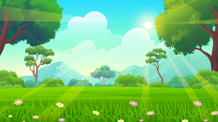 Beautiful summer meadow with flowers, trees and mountains at daytime under blue skyのイラスト素材