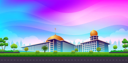 Panoramic Islamic mosque view with beautiful city park skyscraper buildingsのイラスト素材