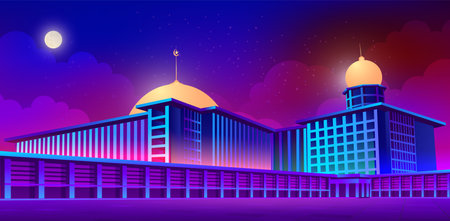 Islamic Mosque with colorful bright and glowing neon lights vector illustrationのイラスト素材