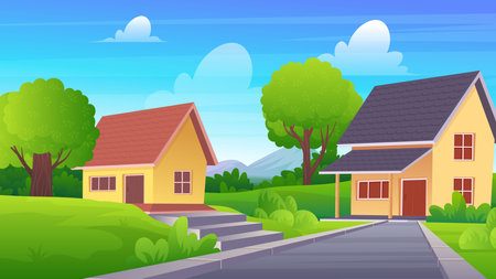 Suburban House with green yard, Residential landscape with green grass, trees, and mountain under blue skyのイラスト素材