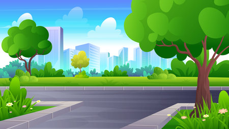 Street crossroad in the City park with green yard, trees, grass and City skyline, cartoon public garden landscapeのイラスト素材
