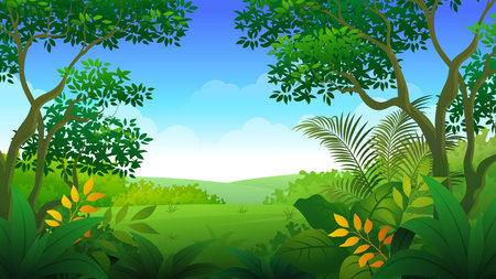 Beautiful green tropical forest or hill, Peaceful forest Scenery natural landscapeのイラスト素材