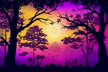 Sunset or sunrise time view from the wild forestのイラスト素材