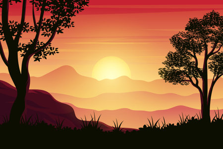 Natural landscape view from the top of the hill at sunset or sunrise timeのイラスト素材