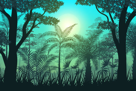 Tropical Forest in the sunrise view, with trees and blue skyのイラスト素材