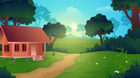 Wooden house on a hill with shady trees, footpath and plantation land vector illustrationのイラスト素材