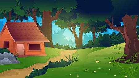 Wooden House in the middle of the forest with a footpath vector illustrationのイラスト素材