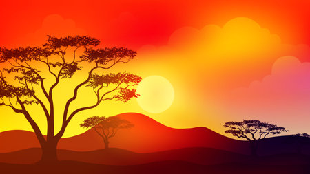 African savanna landscape at Sunset or sunrise with trees and grassのイラスト素材