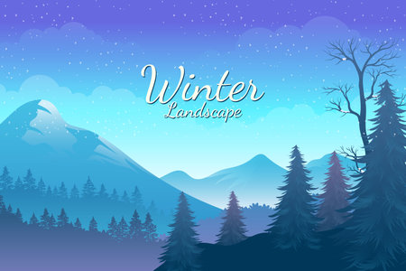 Beautiful winter landscape with pine forest, mountains and snowfallのイラスト素材