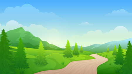 Footpath through the beautiful hills and pine forests cartoon landscapeのイラスト素材
