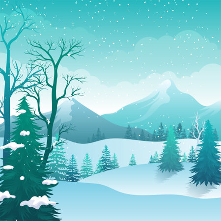 Snowy daytime winter landscape with pine forest and mountainのイラスト素材