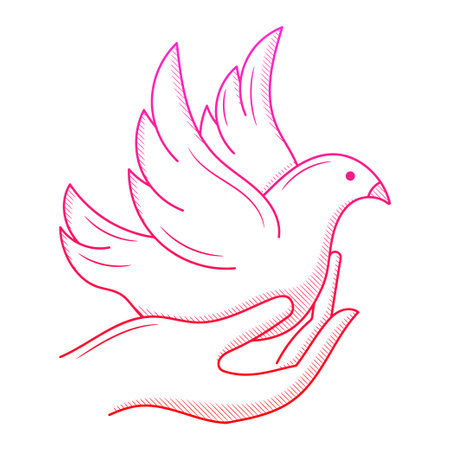 Hand holding peace pigeon illustration with hand drawn outline doodle styleのイラスト素材