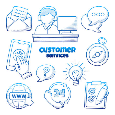 Customer Service element set with hand drawn outline doodle styleのイラスト素材