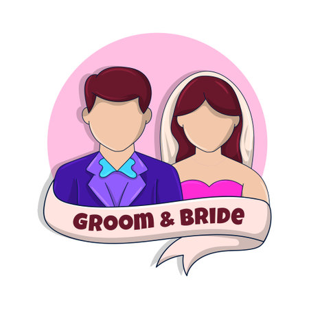 Groom and Bride cartoon illustration with colored hand drawn styleのイラスト素材