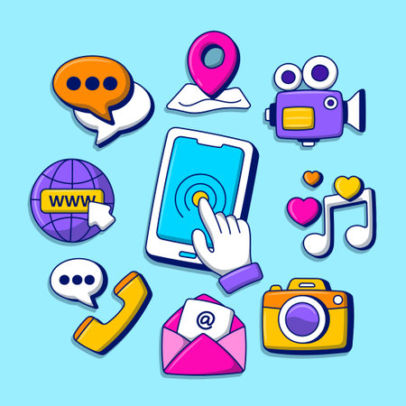 Video Marketing Element set with colored hand drawn outline doodle styleのイラスト素材