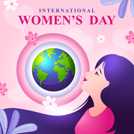 International women's day minimalist design with three beautiful long hair women and globe illustrationのイラスト素材