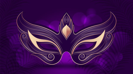 Brazilian or mardi gras party mask with Luxury dark purple and golden designのイラスト素材