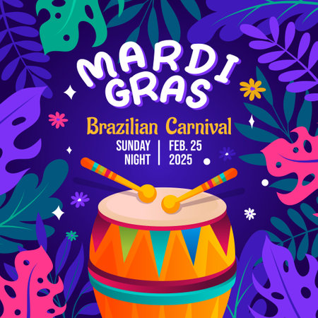 Mardi gras carnival Square purple background with colorful flat elements designのイラスト素材
