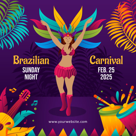 Brazilian carnival colorful party with rio de janeiro dancers wearing a festival costume illustrationのイラスト素材