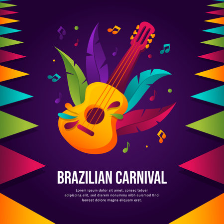 Brazilian carnival purple background with colorful guitar and feather illustrationのイラスト素材