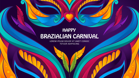 Brazilian carnival party banner, colorful mask and feather illustration with blue and purple backgroundのイラスト素材