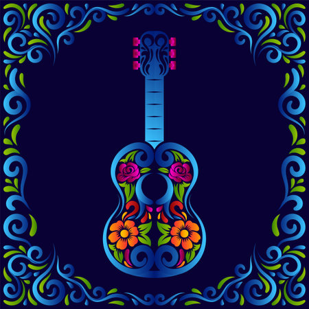 Dia de Los Muertos guitar. Day of Dead mexican guitar with floral ornamentsのイラスト素材