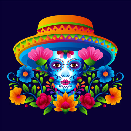 Lady sugar skull La catrina calavera, with gothic mexican folk art floral designのイラスト素材