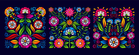 Dia de Los muertos square badge. Day of the dead mexican flowers vector background setのイラスト素材