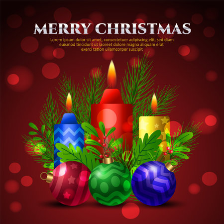 Merry Christmas with colorful candle and christmas balls with shiny red backgroundのイラスト素材