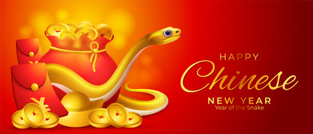 Chinese Year of the snake Banner design, with Golden wood snake, golden ingots and coin illustrationのイラスト素材