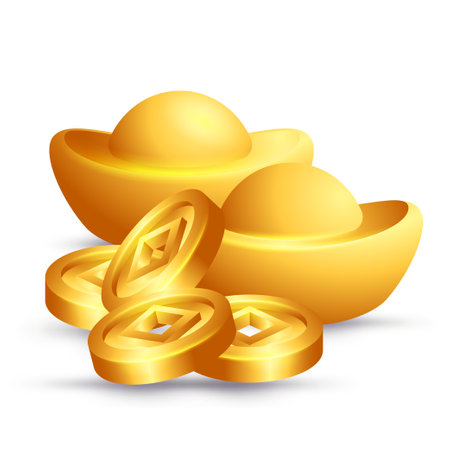 Chinese golden ingots and coins vector illustration with transparent backgroundのイラスト素材