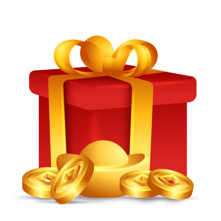 Red gift box with golden ingots and coins vector illustrationのイラスト素材