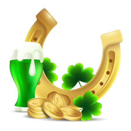 St. Patrick Day celebration clipart with beer, Green clover leaves, Golden horseshoe and coin elementsのイラスト素材
