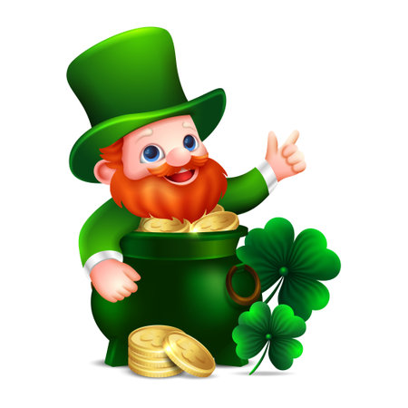 Leprechaun with Cauldron, golden money and clover leaveのイラスト素材