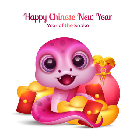 Baby Snake Chinese Zodiac Sign, Chinese new year 2025 with golden ingots, and coinsのイラスト素材