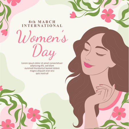International women's day social media post template, with long hair and cute color illustrationのイラスト素材
