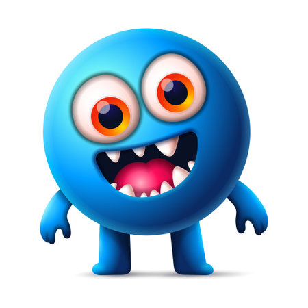Blue Cartoon monster cute happy monsters halloween with big bulging eyes, smiling with teeth and fangsのイラスト素材