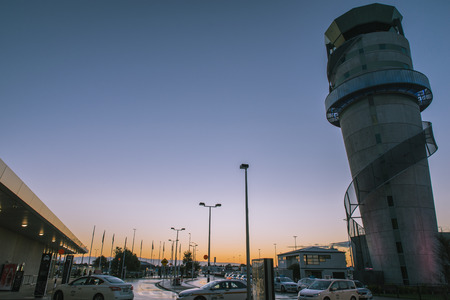 Airport tower at Christchurch airport in New Zealand during Sunriseのeditorial素材