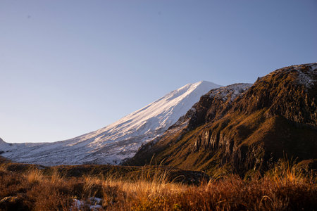 Hiking at Tongariro Mountain During Winter in New Zealandの写真素材