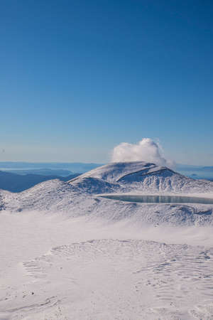 Hiking at Tongariro Mountain during Winterの写真素材