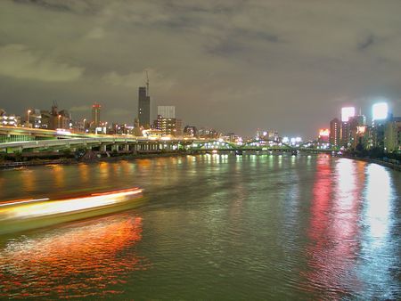Sumidagawa River at night in Asakusa district in Tokyo, Japan.の写真素材